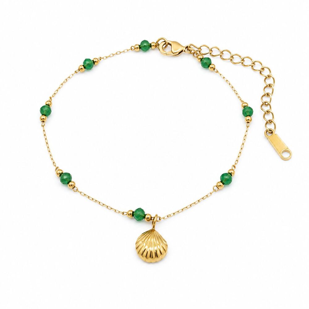 18K Gold Plated Green Bead Seashell Charm Bracelet Coastal Beach Luxe NEW